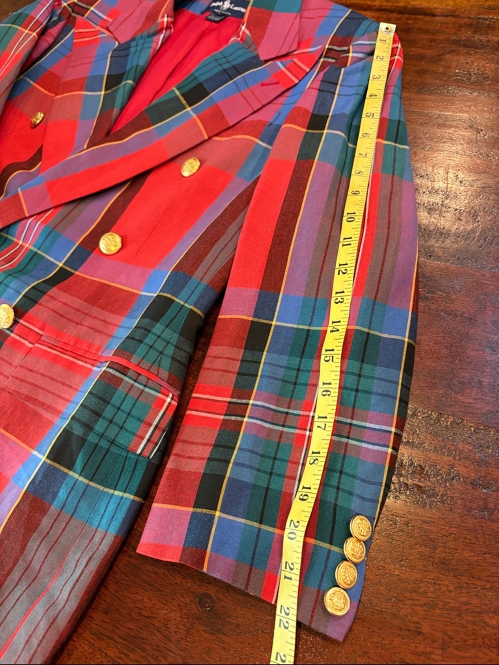 Vintage Ralph Lauren 80s Red Multi Plaid Double-Breasted Blazer Gold Buttons - Picture 16 of 16